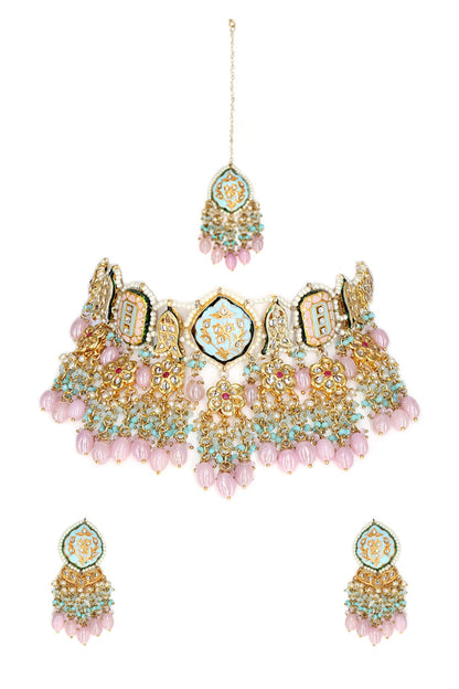 Gold Finish Kundan Polki Necklace Set