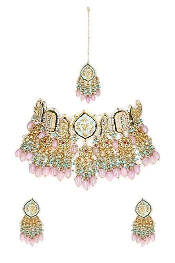 Gold Finish Kundan Polki Necklace Set