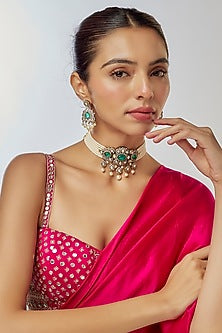 Two-Tone Finish Kundan Polki & Semi-Precious Stone Choker Necklace Set