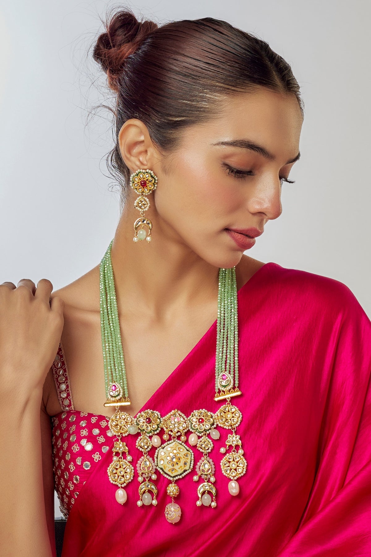 Gold Finish Kundan Polki & Semi-Precious Stone Long Necklace Set