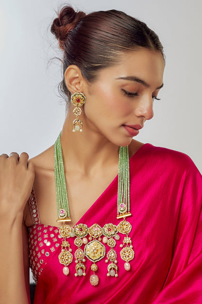 Gold Finish Kundan Polki & Semi-Precious Stone Long Necklace Set