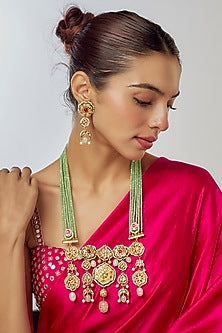 Gold Finish Kundan Polki & Semi-Precious Stone Long Necklace Set
