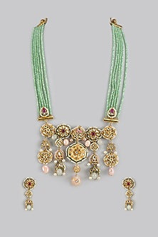 Gold Finish Kundan Polki & Semi-Precious Stone Long Necklace Set