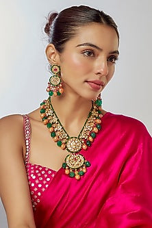 Gold Finish Kundan Polki & Semi-Precious Stone Long Necklace Set