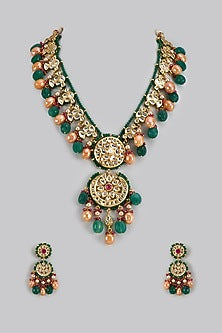 Gold Finish Kundan Polki & Semi-Precious Stone Long Necklace Set