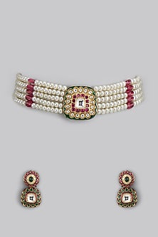 Gold Finish Kundan Polki & Semi-Precious Stone Choker Necklace Set