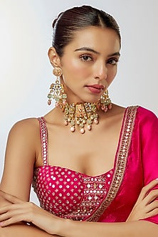 Gold Finish Kundan Polki & Semi-Precious Stone Choker Necklace Set