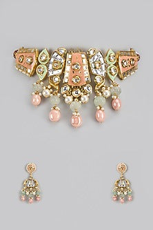 Gold Finish Kundan Polki & Semi-Precious Stone Choker Necklace Set