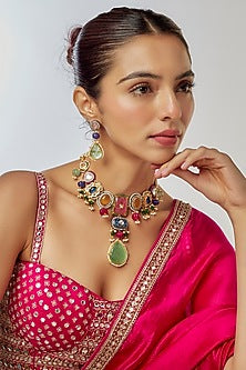 Gold Finish Kundan Polki & Semi-Precious Stone Necklace Set