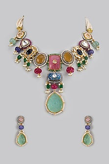 Gold Finish Kundan Polki & Semi-Precious Stone Necklace Set