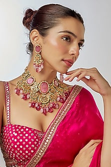 Gold Finish Kundan Polki & Semi-Precious Stone Necklace Set