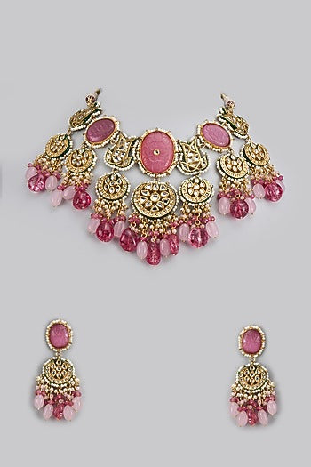 Gold Finish Kundan Polki & Semi-Precious Stone Necklace Set