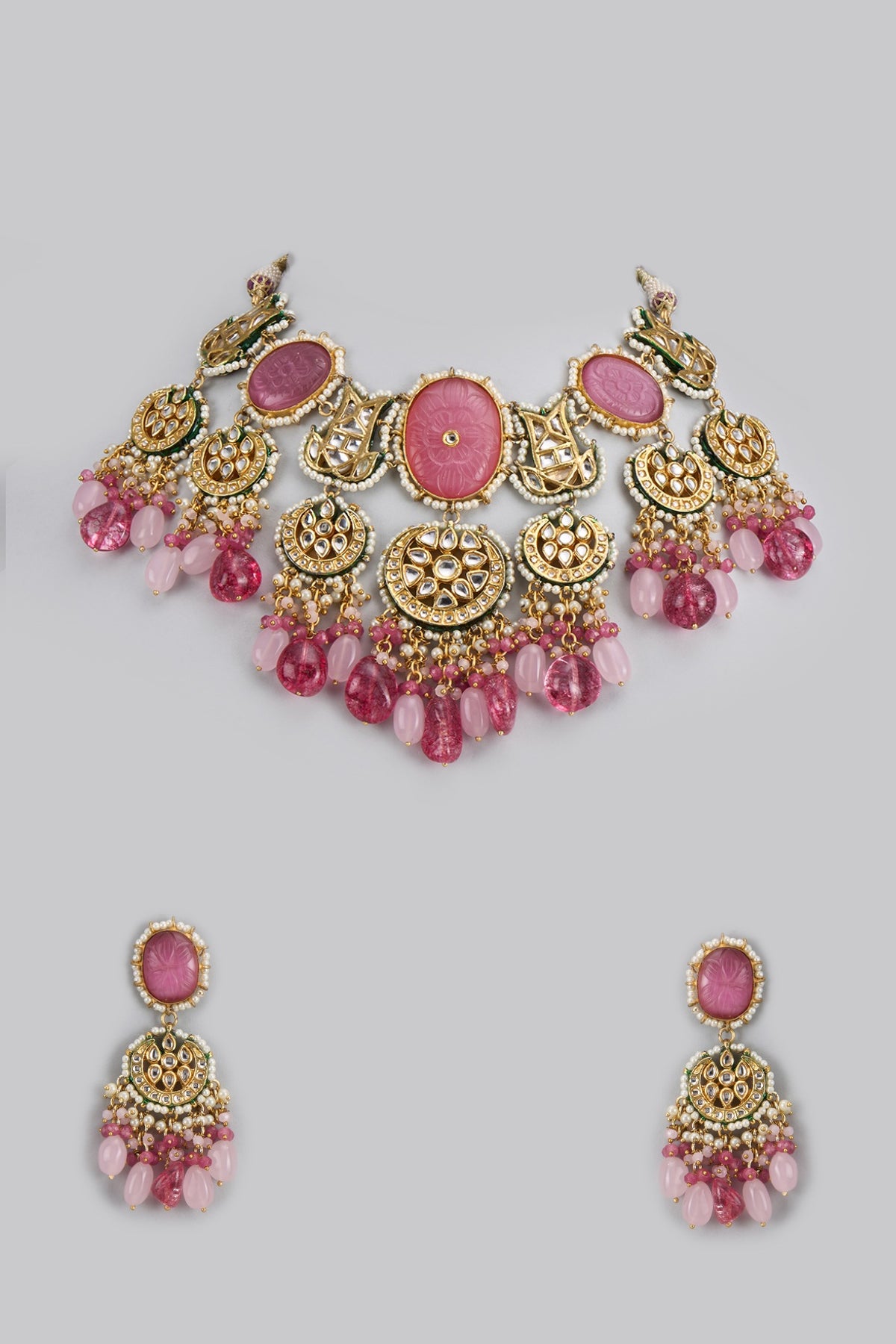 Gold Finish Kundan Polki & Semi-Precious Stone Necklace Set