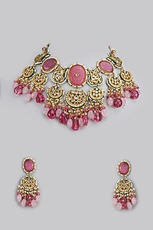 Gold Finish Kundan Polki & Semi-Precious Stone Necklace Set