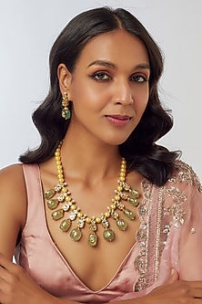 Gold Finish Kundan Polki & Semi-Precious Stone Necklace Set