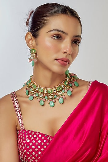 Gold Finish Kundan Polki & Semi-Precious Stone Necklace Set