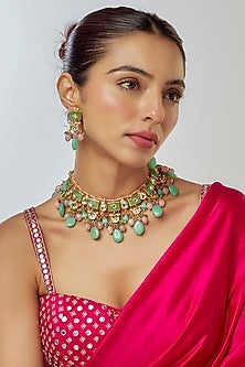 Gold Finish Kundan Polki & Semi-Precious Stone Necklace Set