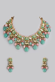 Gold Finish Kundan Polki & Semi-Precious Stone Necklace Set