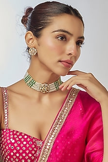 Gold Finish Kundan Polki & Semi-Precious Stone Choker Necklace Set