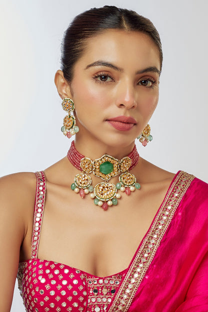 Gold Finish Kundan Polki & Semi-Precious Stone Choker Necklace Set