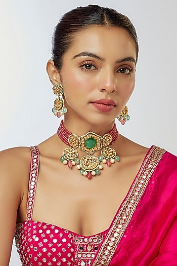 Gold Finish Kundan Polki & Semi-Precious Stone Choker Necklace Set