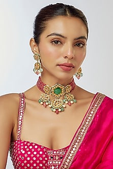 Gold Finish Kundan Polki & Semi-Precious Stone Choker Necklace Set