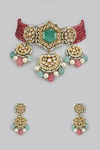 Gold Finish Kundan Polki & Semi-Precious Stone Choker Necklace Set