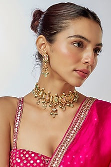 Gold Finish Kundan Polki & Semi-Precious Stone Choker Necklace Set