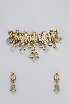 Gold Finish Kundan Polki & Semi-Precious Stone Choker Necklace Set
