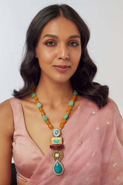Gold Finish Kundan Polki & Semi-Precious Stone Necklace