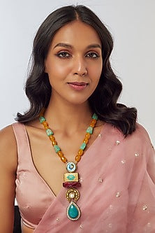 Gold Finish Kundan Polki & Semi-Precious Stone Necklace