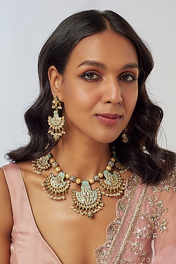 Gold Finish Kundan Polki & Semi-Precious Stone Necklace Set