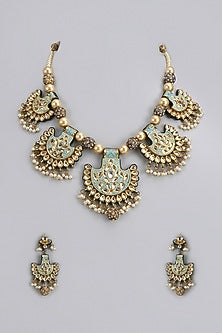 Gold Finish Kundan Polki & Semi-Precious Stone Necklace Set