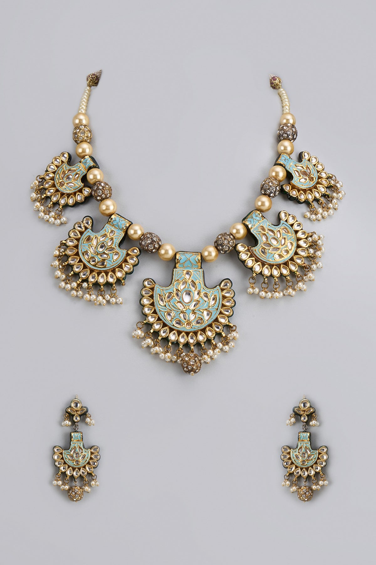 Gold Finish Kundan Polki & Semi-Precious Stone Necklace Set