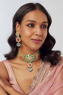 Gold Finish Kundan Polki & Semi-Precious Stone Choker Necklace Set