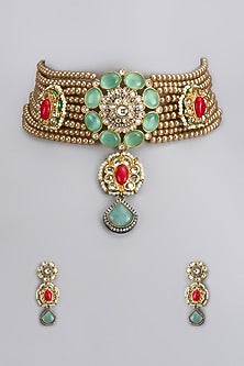Gold Finish Kundan Polki & Semi-Precious Stone Choker Necklace Set
