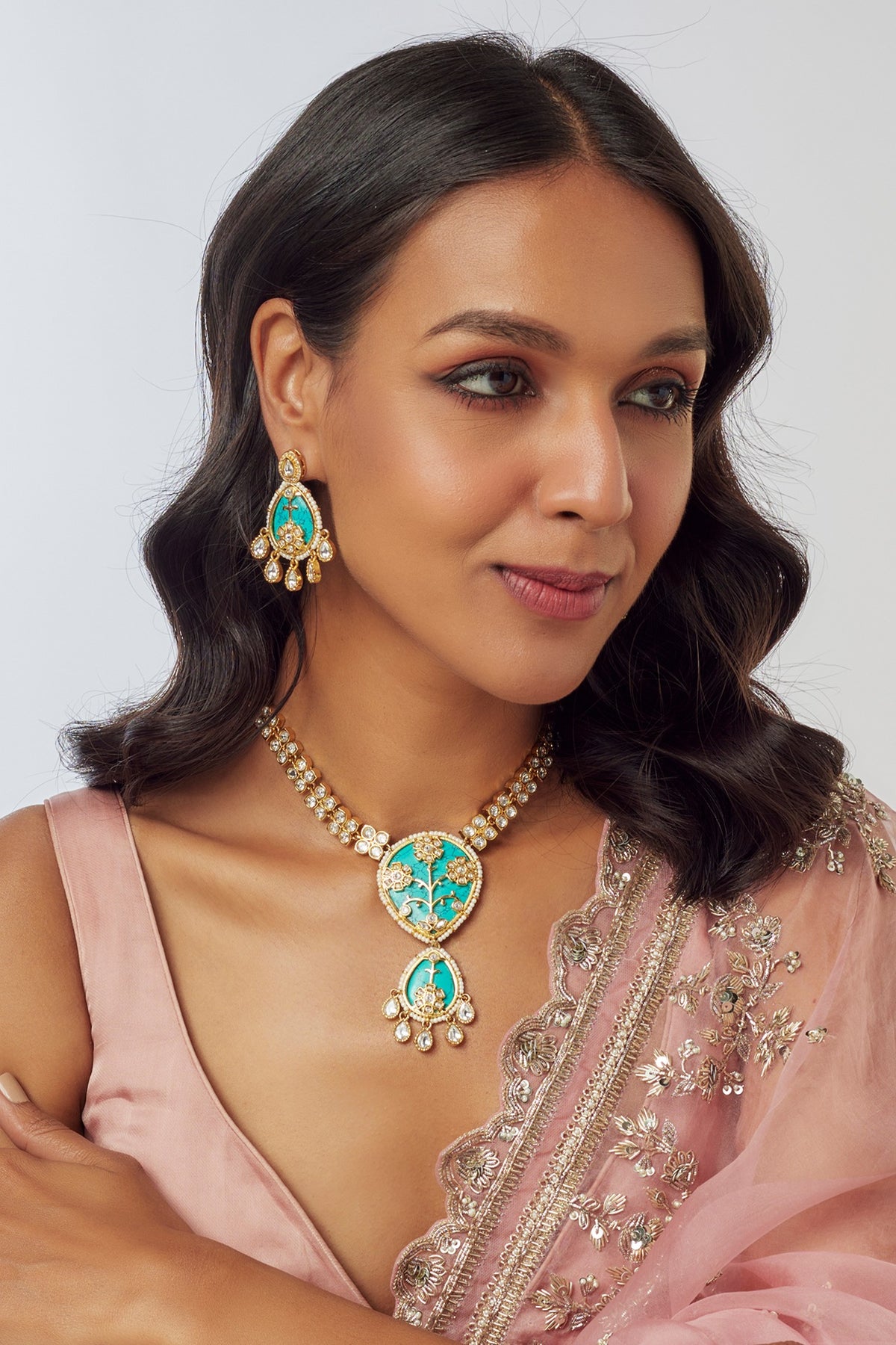 Gold Finish Kundan Polki & Semi-Precious Stone Necklace Set