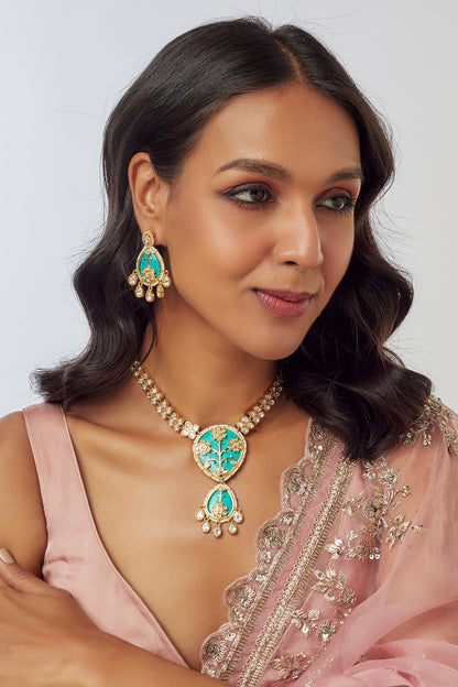 Gold Finish Kundan Polki & Semi-Precious Stone Necklace Set