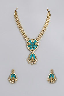 Gold Finish Kundan Polki & Semi-Precious Stone Necklace Set