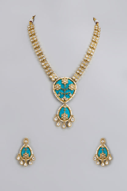 Gold Finish Kundan Polki & Semi-Precious Stone Necklace Set