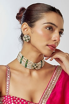 Gold Finish Kundan Polki & Semi-Precious Stone Choker Necklace Set