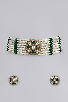 Gold Finish Kundan Polki & Semi-Precious Stone Choker Necklace Set