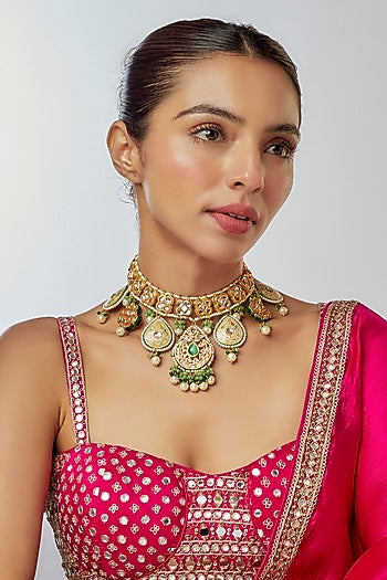 Gold Finish Kundan Polki & Semi-Precious Stone Necklace
