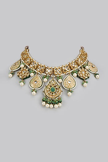 Gold Finish Kundan Polki & Semi-Precious Stone Necklace