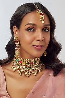 Gold Finish Kundan Polki & Semi-Precious Stone Choker Necklace Set