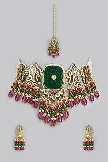 Gold Finish Kundan Polki & Semi-Precious Stone Choker Necklace Set