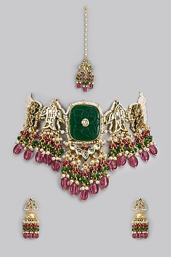 Gold Finish Kundan Polki & Semi-Precious Stone Choker Necklace Set