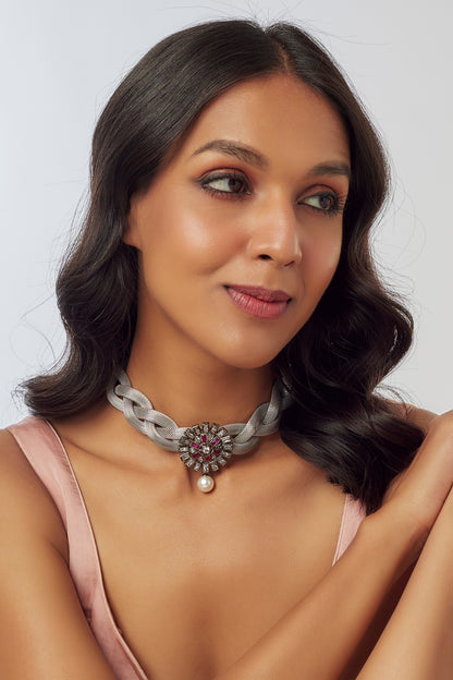 Silver Finish Kundan Polki Necklace