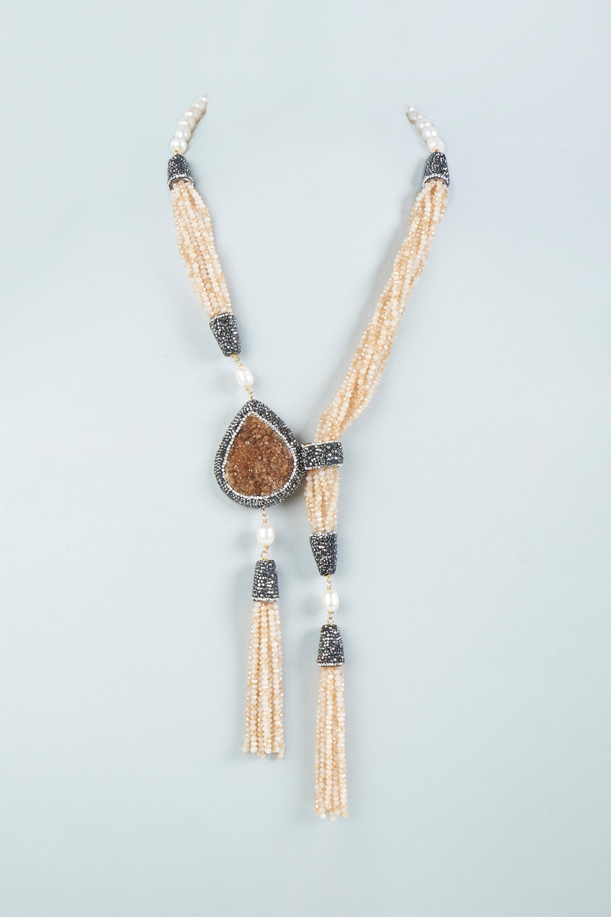 Black Rhodium Finish Brown Druzi Stone Long Necklace