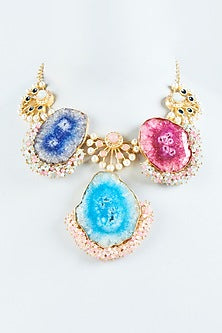 Gold Finish Multi-Colored Solar Quartz Stone Long Necklace
